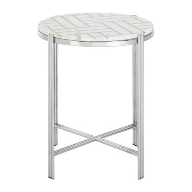 White Marble Top Side Table with Gold Detail and Silver Finish Frame, Eva