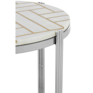 White Marble Top Side Table with Gold Detail and Silver Finish Frame, Eva