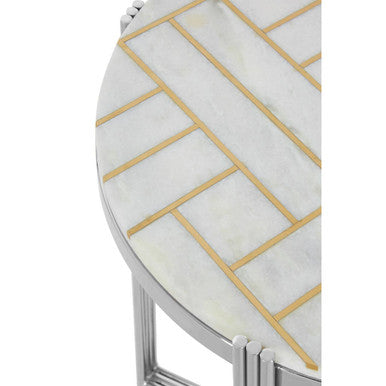 White Marble Top Side Table with Gold Detail and Silver Finish Frame, Eva