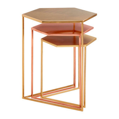 Assorted Gold Brass Bronze Set of 3 Nesting Tables with Iron Frames, Templar