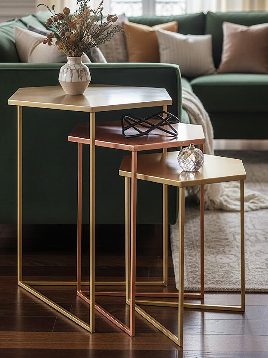 Assorted Gold Brass Bronze Set of 3 Nesting Tables with Iron Frames, Templar