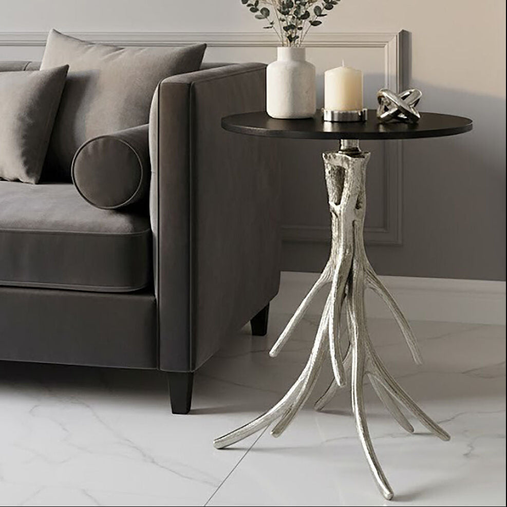 Black Marble Top Round Side Table with Nickel Antler Base, Antler