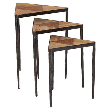 Black and Brown Elm Wood Set of 3 Triangular Nesting Tables with Black Iron Legs, Elmo