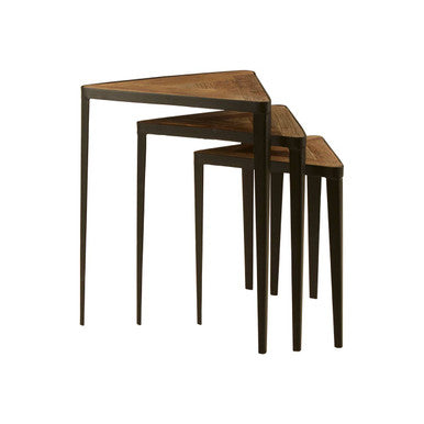 Black and Brown Carved Elm Wood Set of 3 Triangular Tables with Black Iron Legs, Elmo