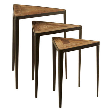 Black and Brown Carved Elm Wood Set of 3 Triangular Tables with Black Iron Legs, Elmo