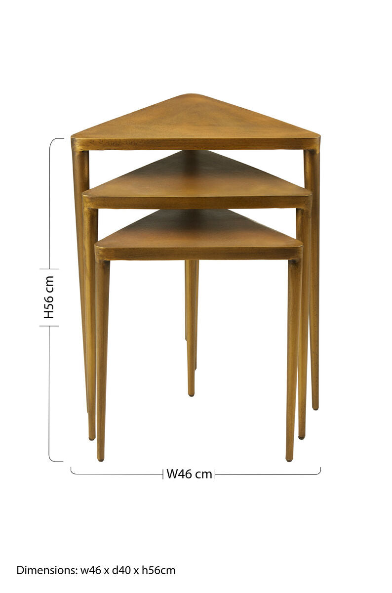 Gold Finish Snug Design Set of 3 Triangular Nesting Tables, Compo