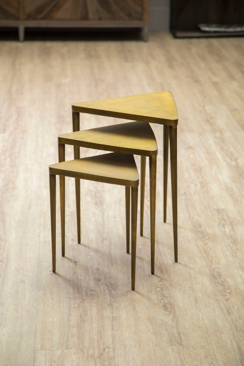 Gold Finish Snug Design Set of 3 Triangular Nesting Tables, Compo