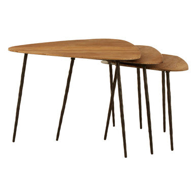 Black and Brown Elm Wood Top Nest of 3 Triangular Tables with Black Iron Legs, Elmo