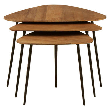 Black and Brown Elm Wood Top Nest of 3 Triangular Tables with Black Iron Legs, Elmo