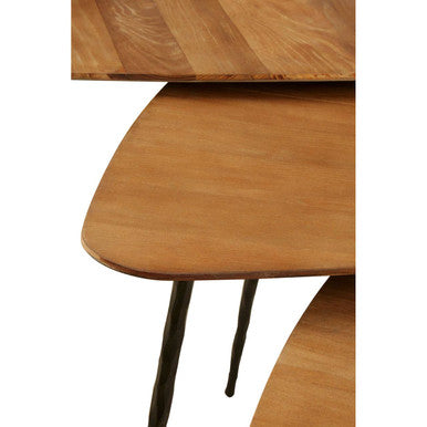 Black and Brown Elm Wood Top Nest of 3 Triangular Tables with Black Iron Legs, Elmo