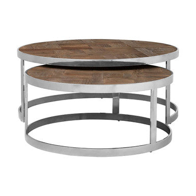 Brown Parquet Effect Elm Wood Top Nest of 2 Tables with Stainless Steel Frames, Mitra
