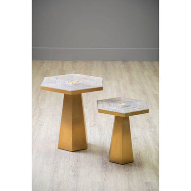 Gold and Natural Large Hexagon End Table with Grooved Elm Wood Top, Titan