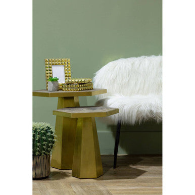 Gold and Natural Large Hexagon End Table with Grooved Elm Wood Top, Titan