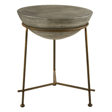 Silver Textured Concrete Bowl Top Side Table with Iron Three Leg Base, Compo