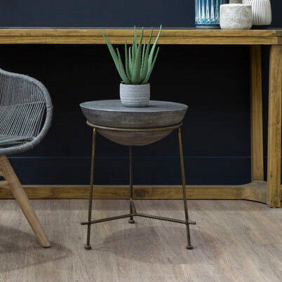 Silver Textured Concrete Bowl Top Side Table with Iron Three Leg Base, Compo