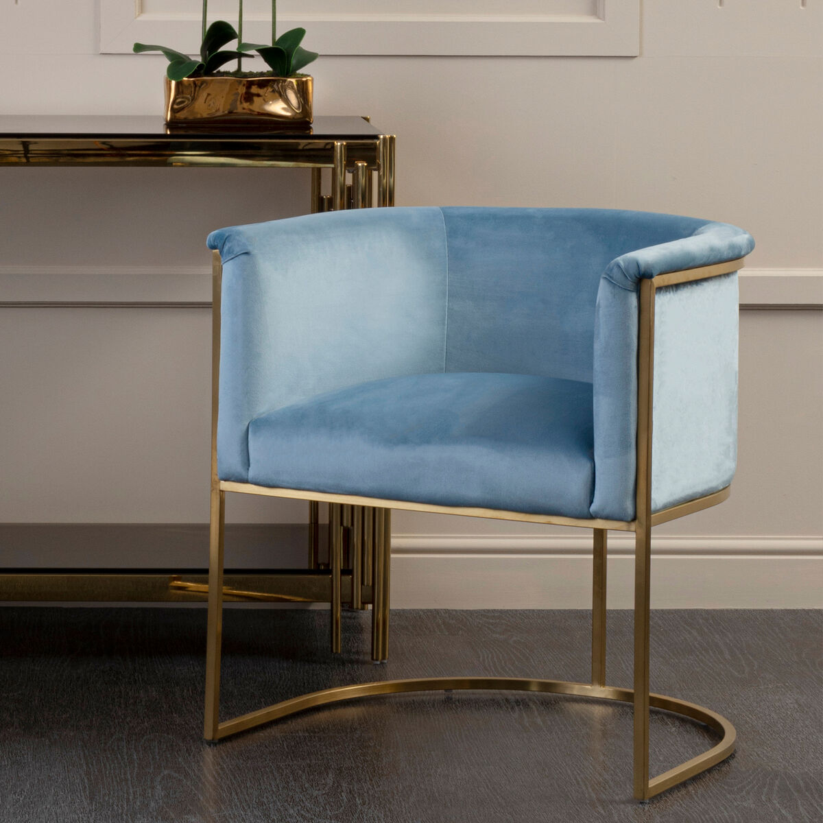 Mias Blue Velvet Chair with Gold Finish Base