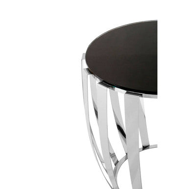 Black Tempered Glass Top Side Table with Curving Silver Stainless Steel Frame, Yasmin