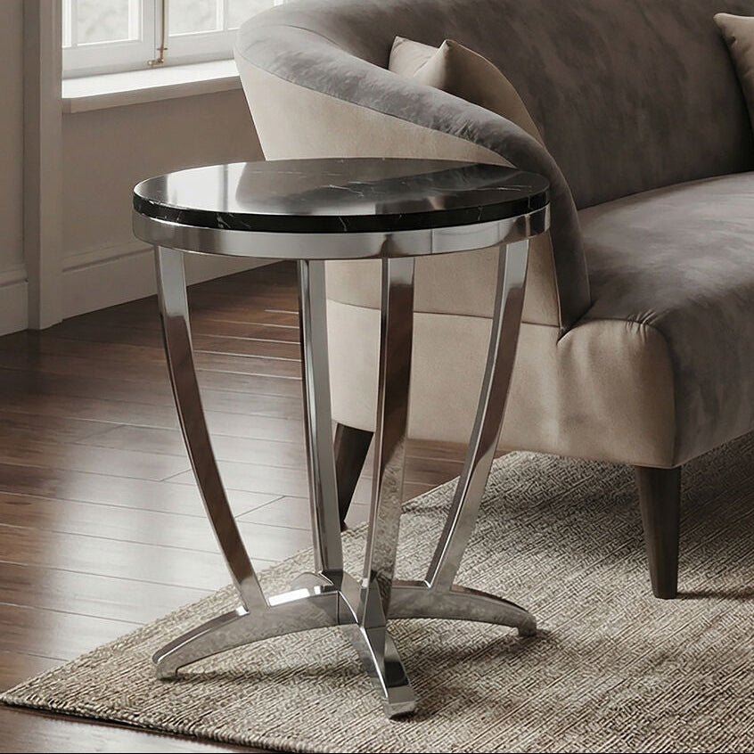 Black and Silver Contemporary Luxe Side Table with Tempered Glass Top, Yasmin