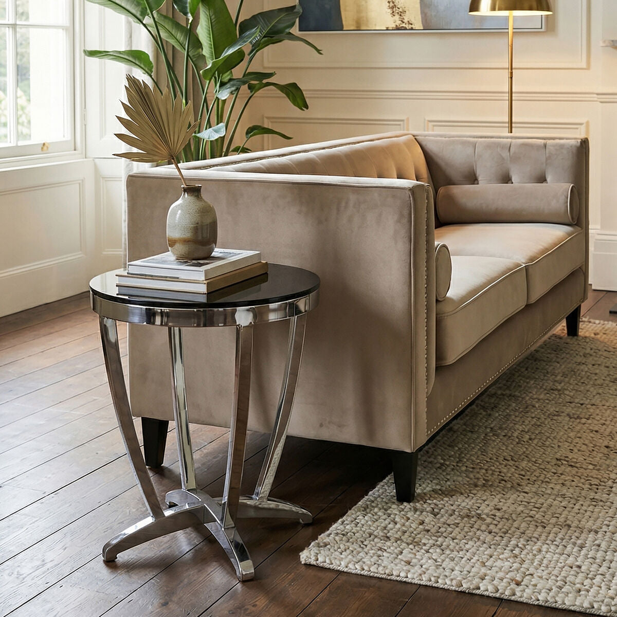 Black and Silver Contemporary Luxe Side Table with Tempered Glass Top, Yasmin