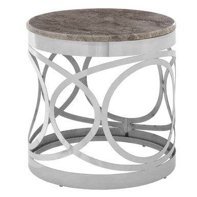 White Marble Top Contemporary Side Table with Reflective Stainless Steel Base, Yasmin