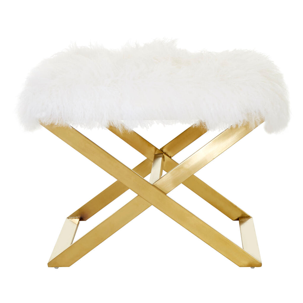 Anafi White Sheepskin Stool with Gold Finish Base