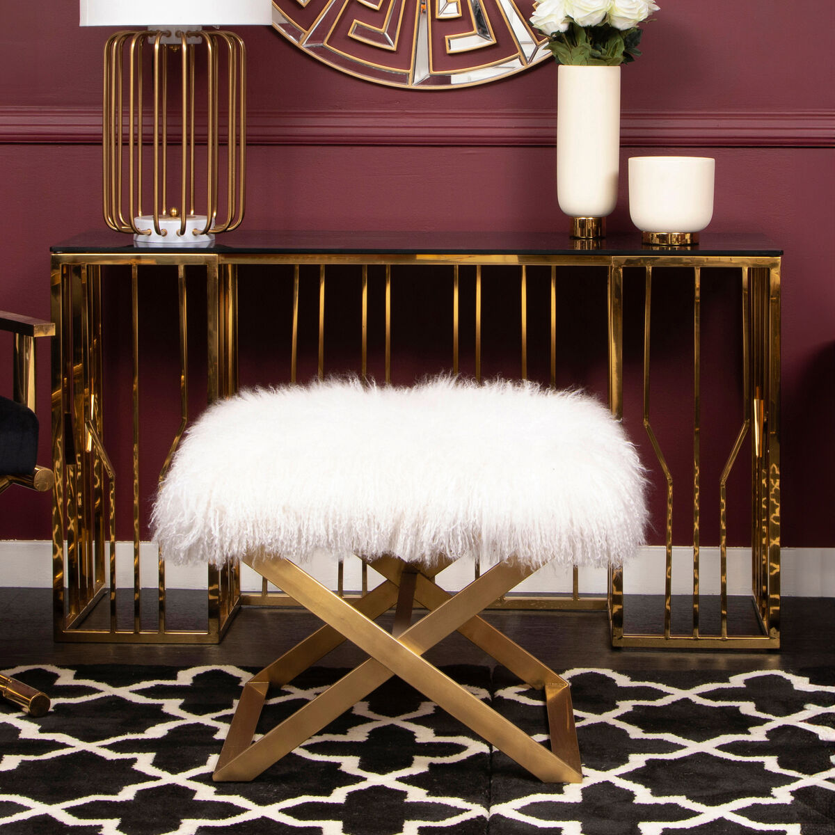 Anafi White Sheepskin Stool with Gold Finish Base