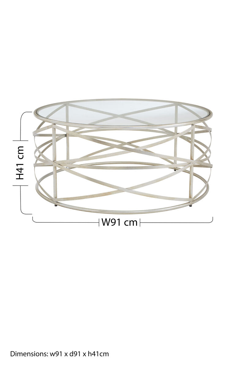 Silver Round Coffee Table with Clear Tempered Glass, Rubia