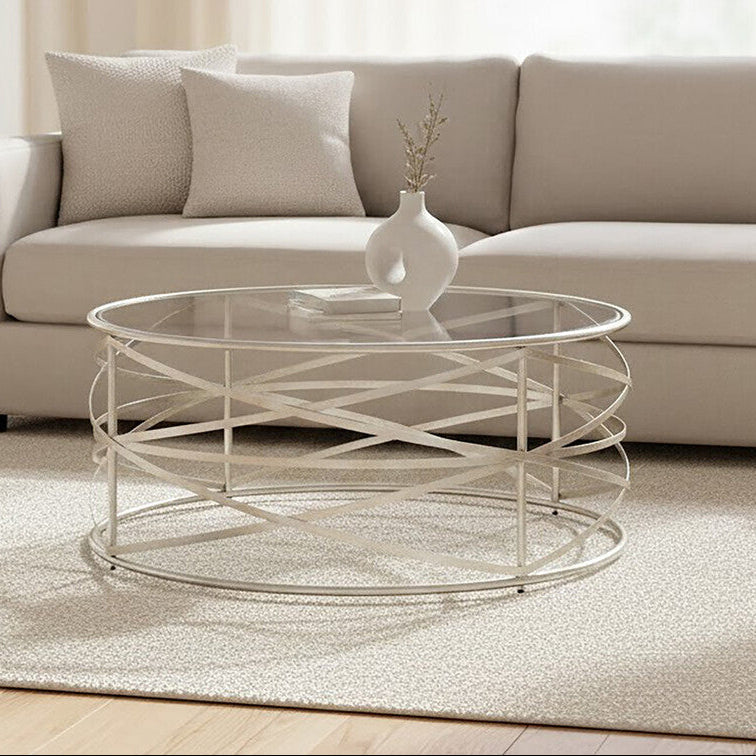 Silver Round Coffee Table with Clear Tempered Glass, Rubia