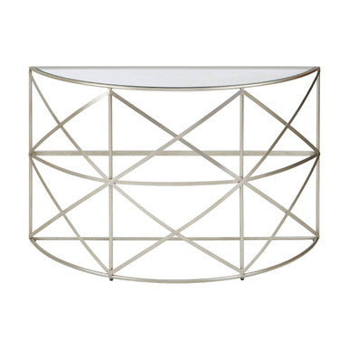 Silver Finish Iron Frame Demilune Console Table with Clear Glass Top, Rubia