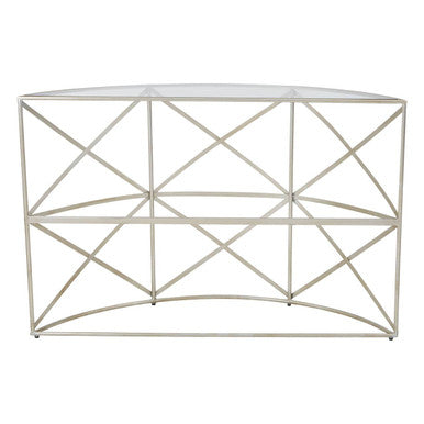 Silver Finish Iron Frame Demilune Console Table with Clear Glass Top, Rubia