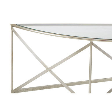 Silver Finish Iron Frame Demilune Console Table with Clear Glass Top, Rubia
