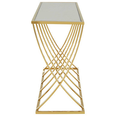 Gold Mirrored Top Console Table with Sweeping Stainless Steel Frame, Reena
