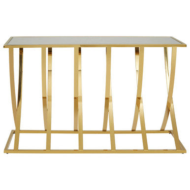 Gold Mirrored Top Console Table with Sweeping Stainless Steel Frame, Reena