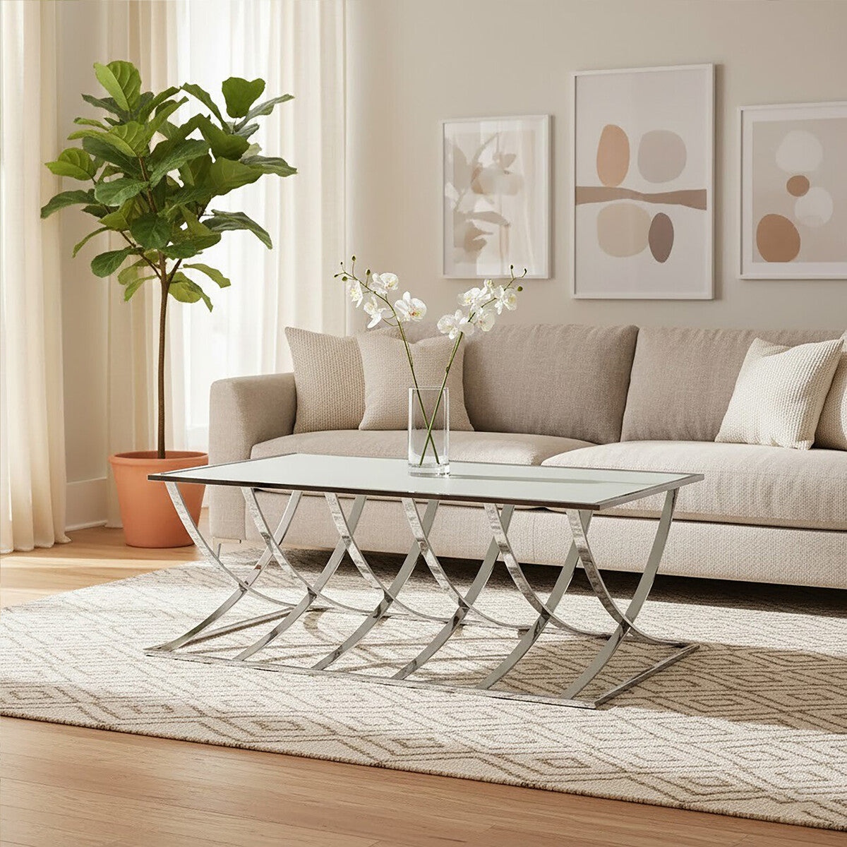 Silver Rectangular Coffee Table with Mirrored Top, Reena