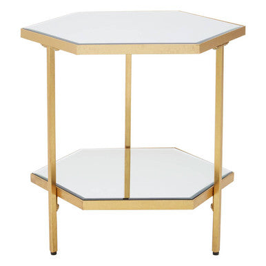 Gold Finish 2-Tier Side Table with Hexagonal Mirrored Glass Shelves, Rio