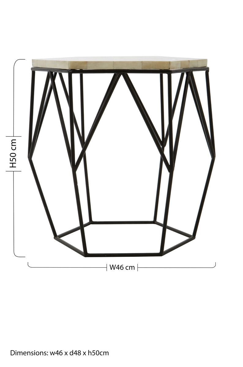 Black and White Resin Hexagon Side Table with Black Wireframe Base, Harlo