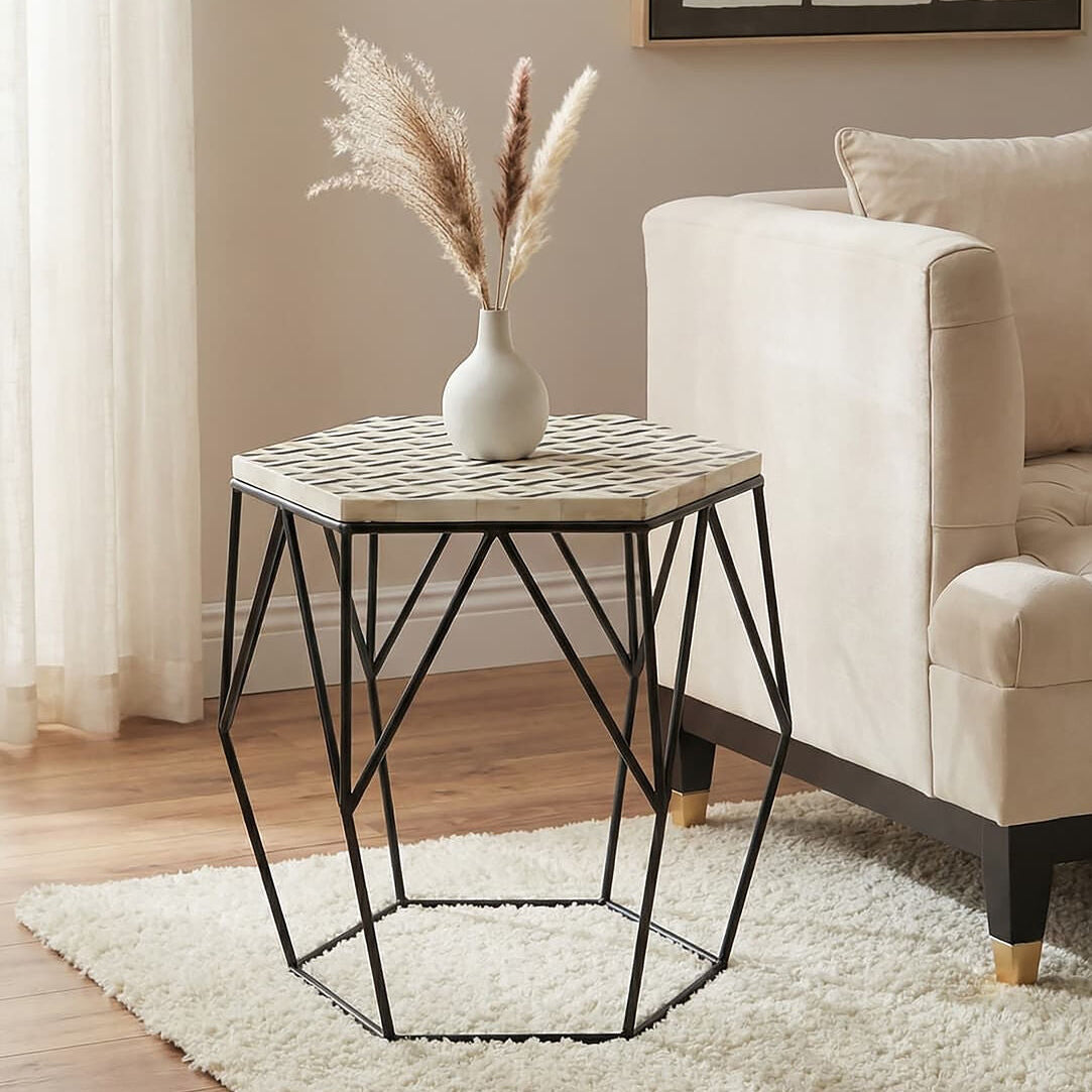 Black and White Resin Hexagon Side Table with Black Wireframe Base, Harlo