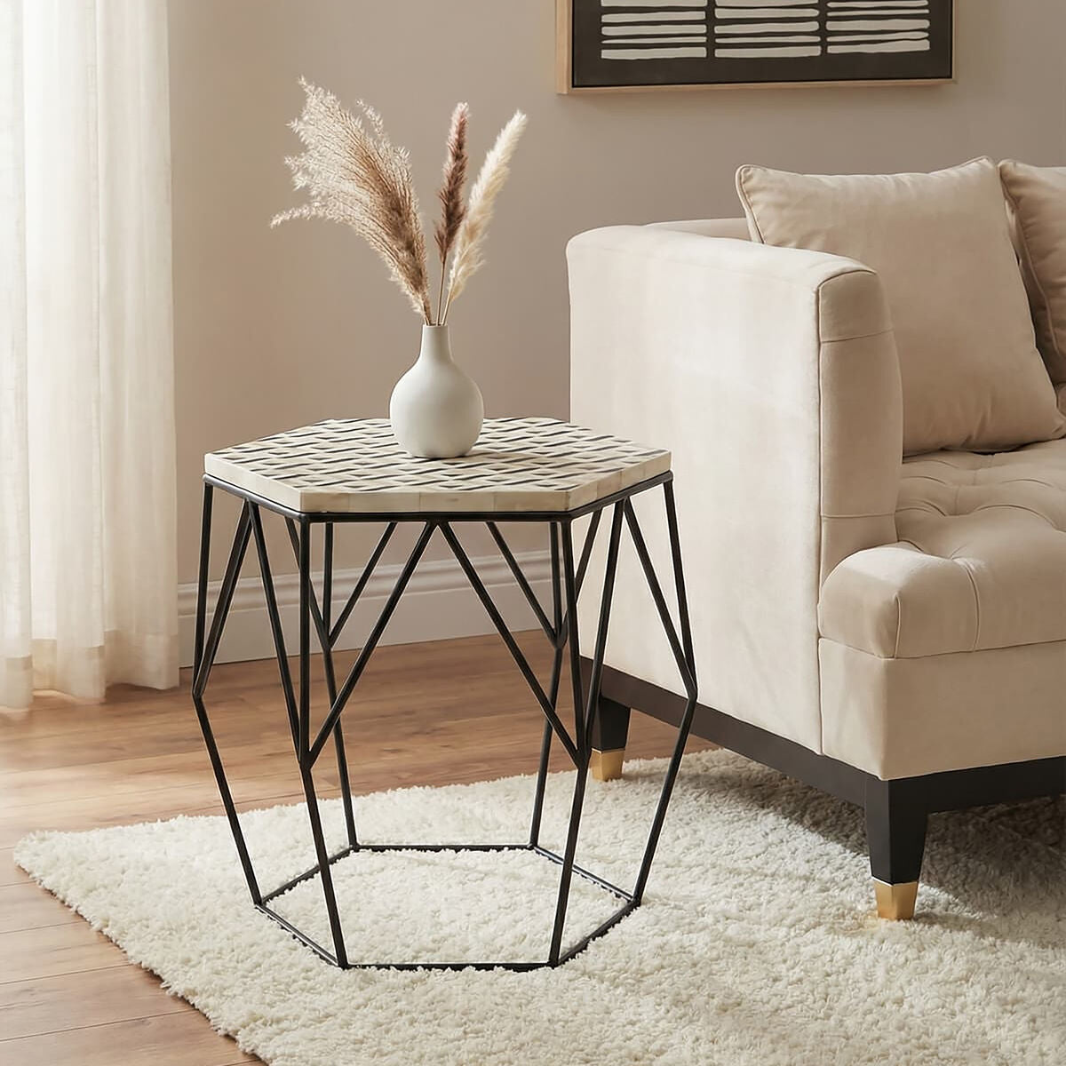 Black and White Resin Hexagon Side Table with Black Wireframe Base, Harlo
