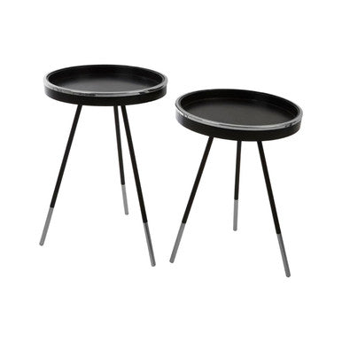 Black and Silver Set of 2 Side Tables with Raised Rim Tops and Silver Leg Tips, Halle