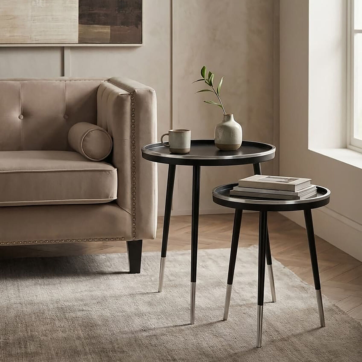Black and Silver Set of 2 Side Tables with Raised Rim Tops and Silver Leg Tips, Halle