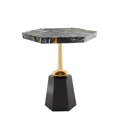 Assorted Horn Effect Hexagonal Top Side Table with Gold Pedestal and Black Base, Odell