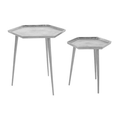 Silver Set of 2 Hexagonal Side Tables with Textured Tops and Splayed Legs, Halle