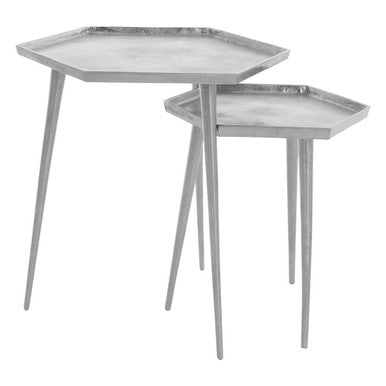 Silver Set of 2 Hexagonal Side Tables with Textured Tops and Splayed Legs, Halle