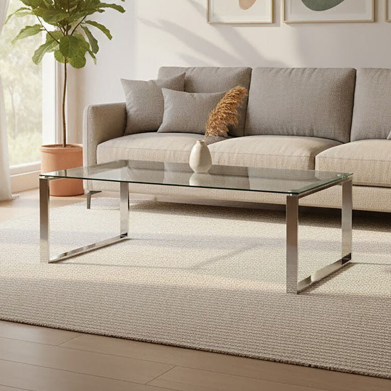 Allure Silver Stainless Steel Rectangular Coffee Table with Black Glass Top