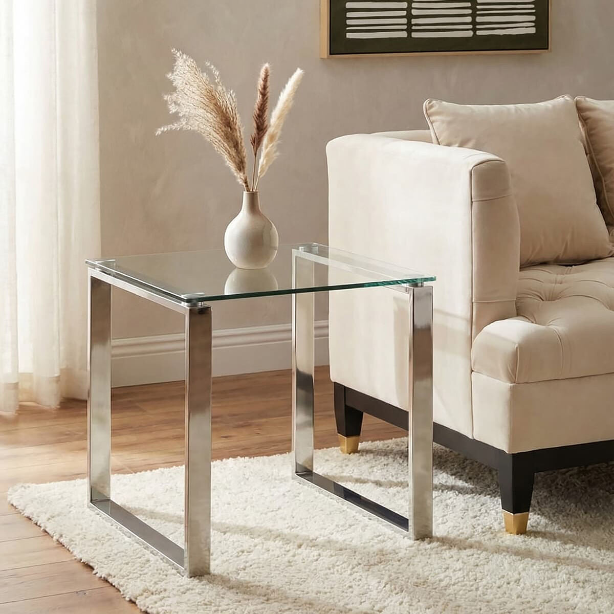 Silver Square End Table with Clear Tempered Glass, Allure