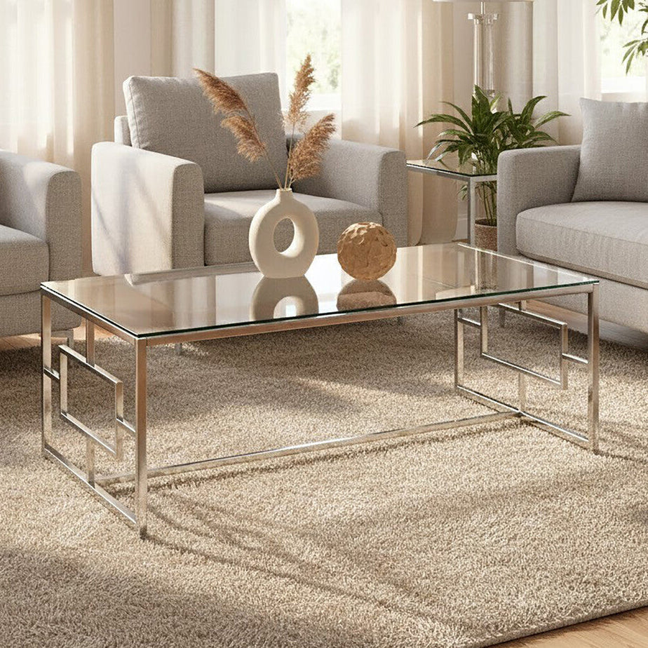 Silver Reflective Frame Coffee Table with Clear Tempered Glass Top, Allure