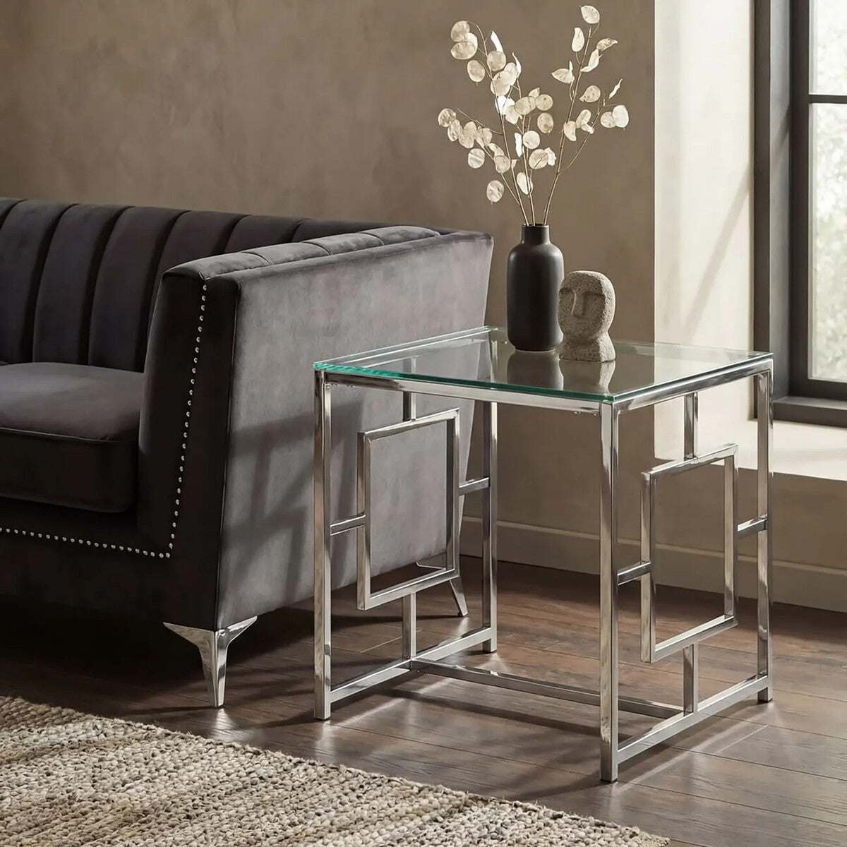 Allure Silver Stainless Steel End Table with Inset Side Detail