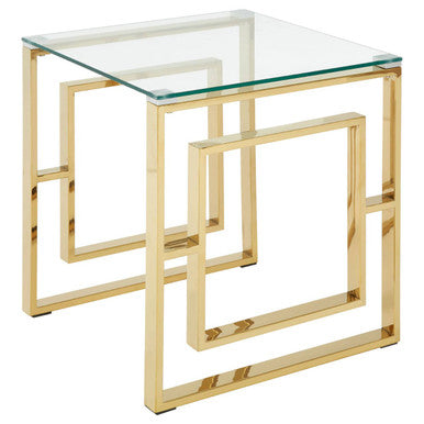 Gold Square Leg End Table with Clear Glass Top and Stainless Steel Frame, Allure
