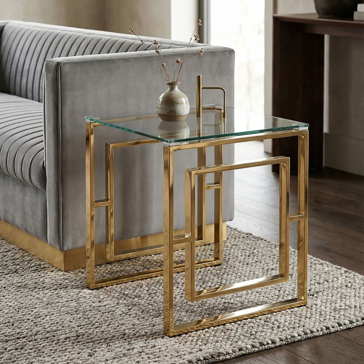 Gold Square Leg End Table with Clear Glass Top and Stainless Steel Frame, Allure