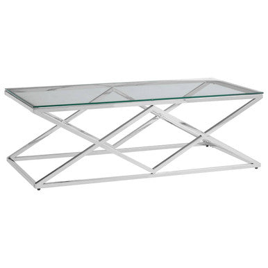 Silver Reflective Stainless Steel Coffee Table with Clear Tempered Glass Top, Allure